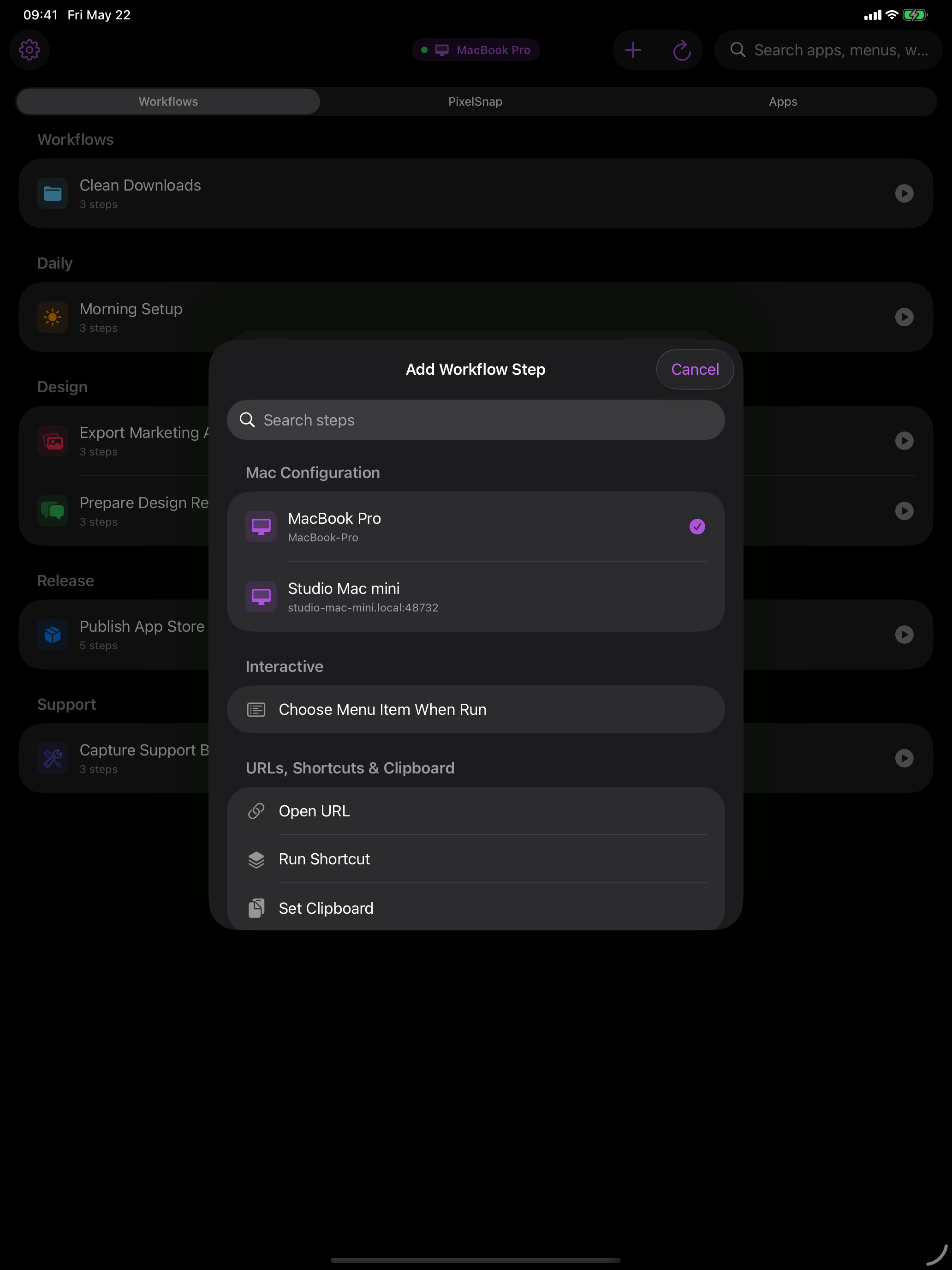 Cuevello add workflow steps screen on iPad