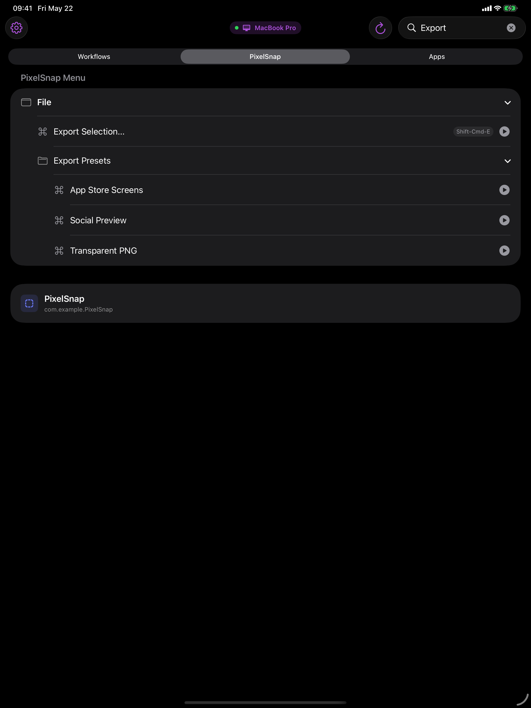 Cuevello current Mac app menu screen on iPad