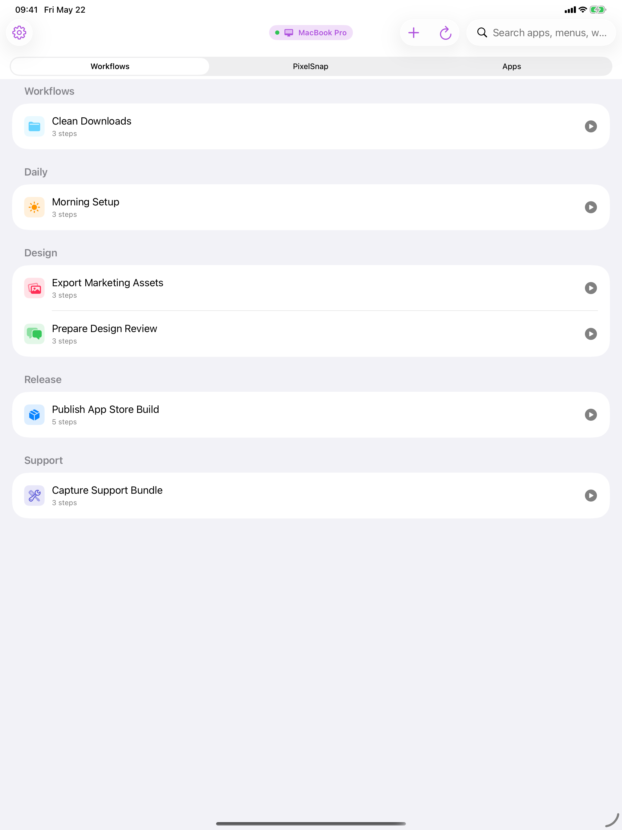 Cuevello workflows screen on iPad