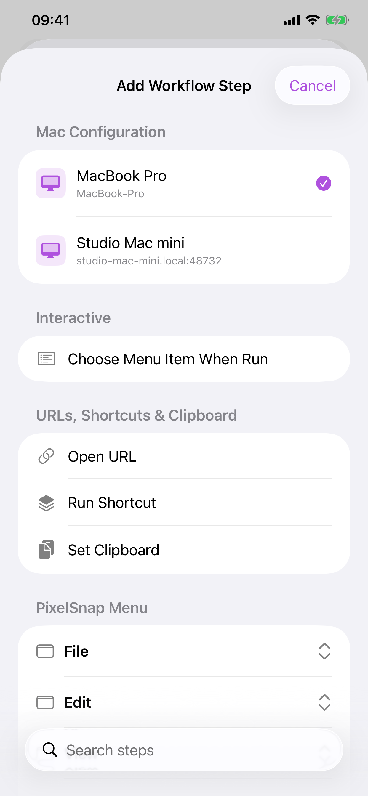 Cuevello add workflow steps screen on iPhone