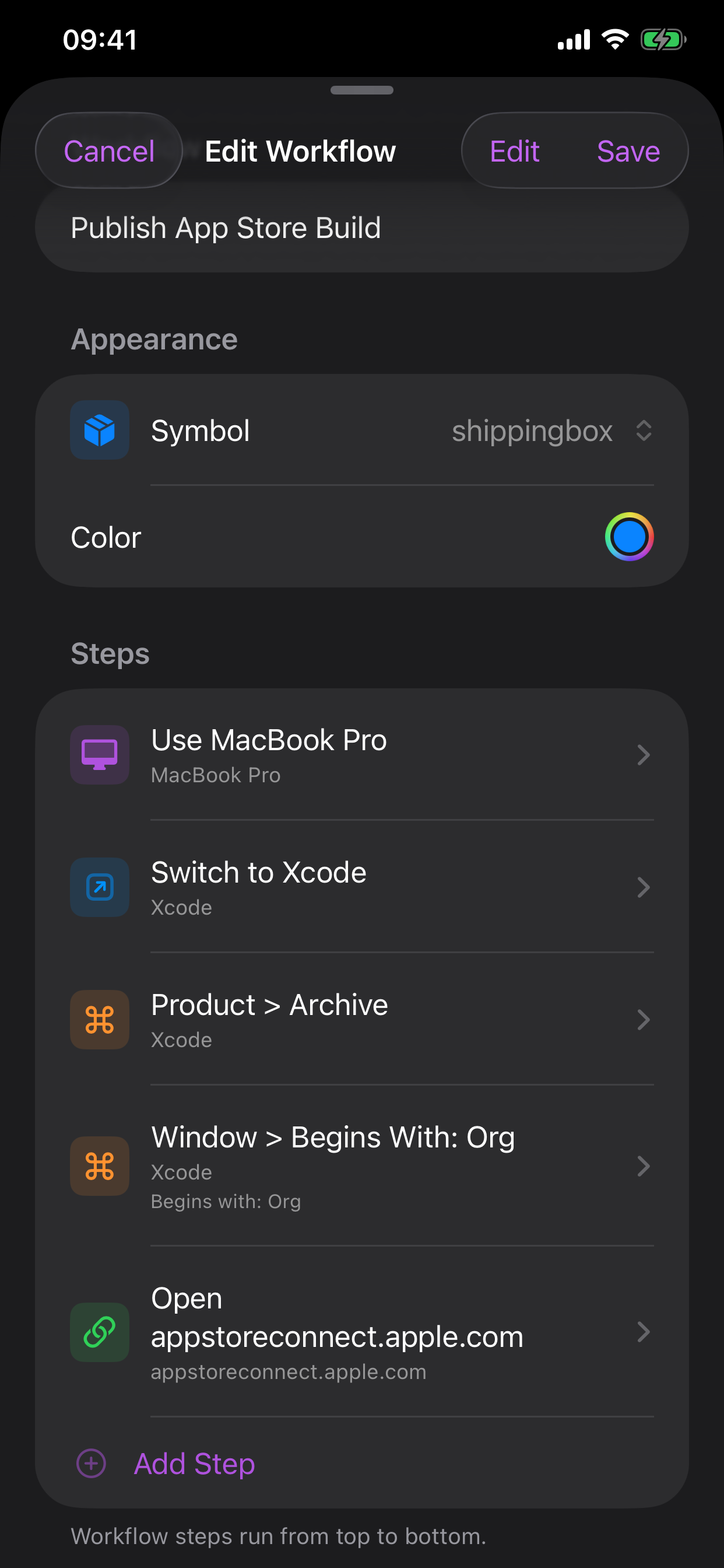 Cuevello workflow editor screen on iPhone