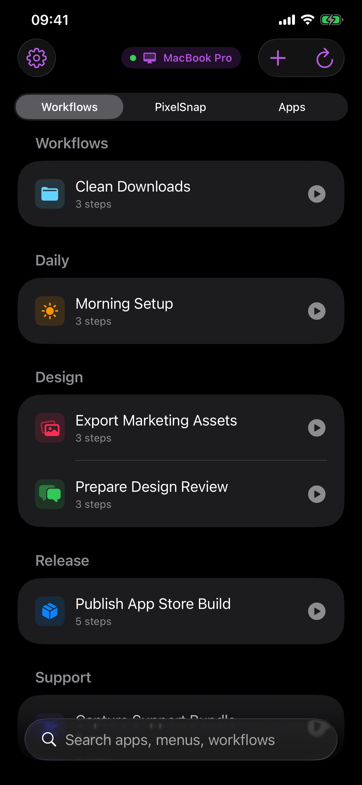 Cuevello workflows screen on iPhone