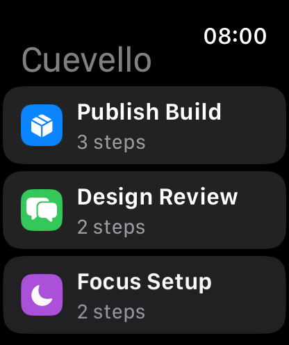 Cuevello workflows screen on Apple Watch
